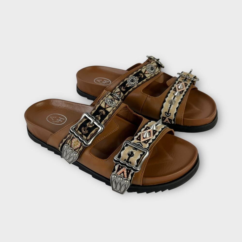 ASH Ulysse Boho Woven Strap Buckle Studded Slide Slip-on Sandal Size 39 US 8.5/9